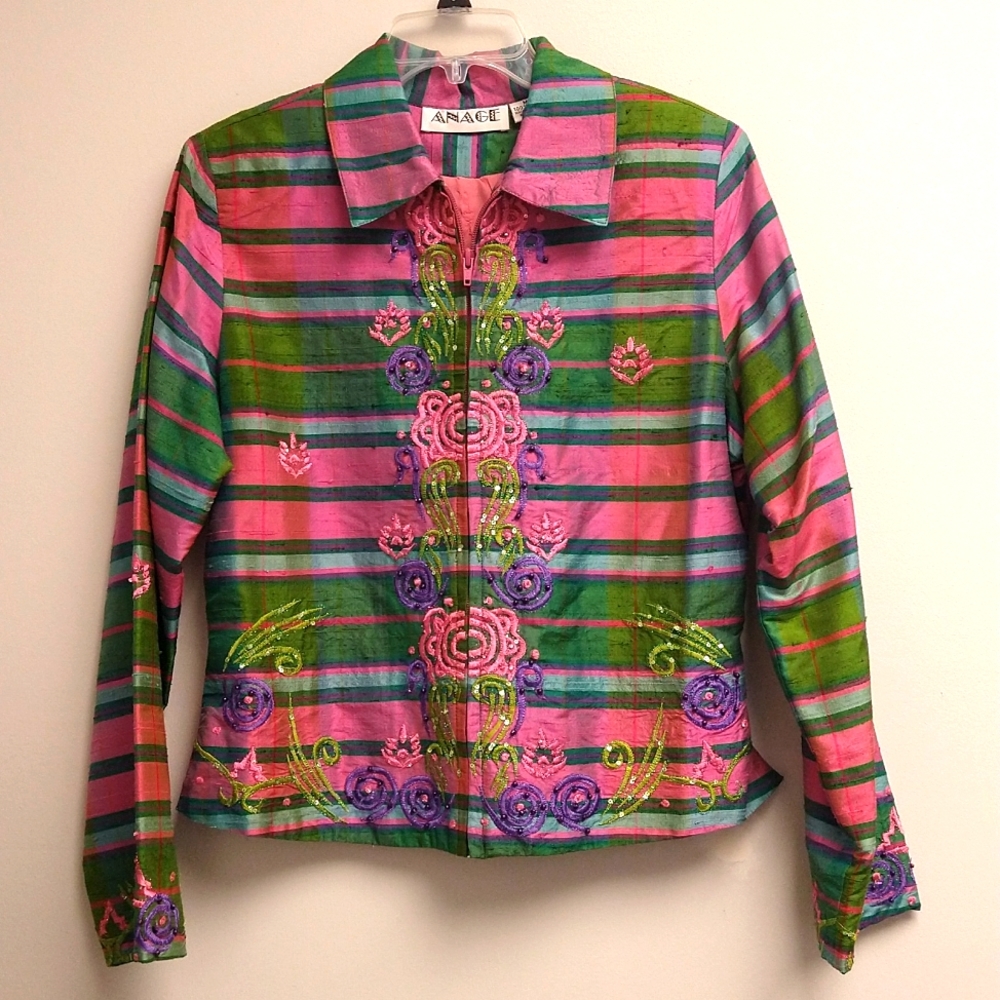 Anage 100% silk pink and green jacket with beautiful stitching